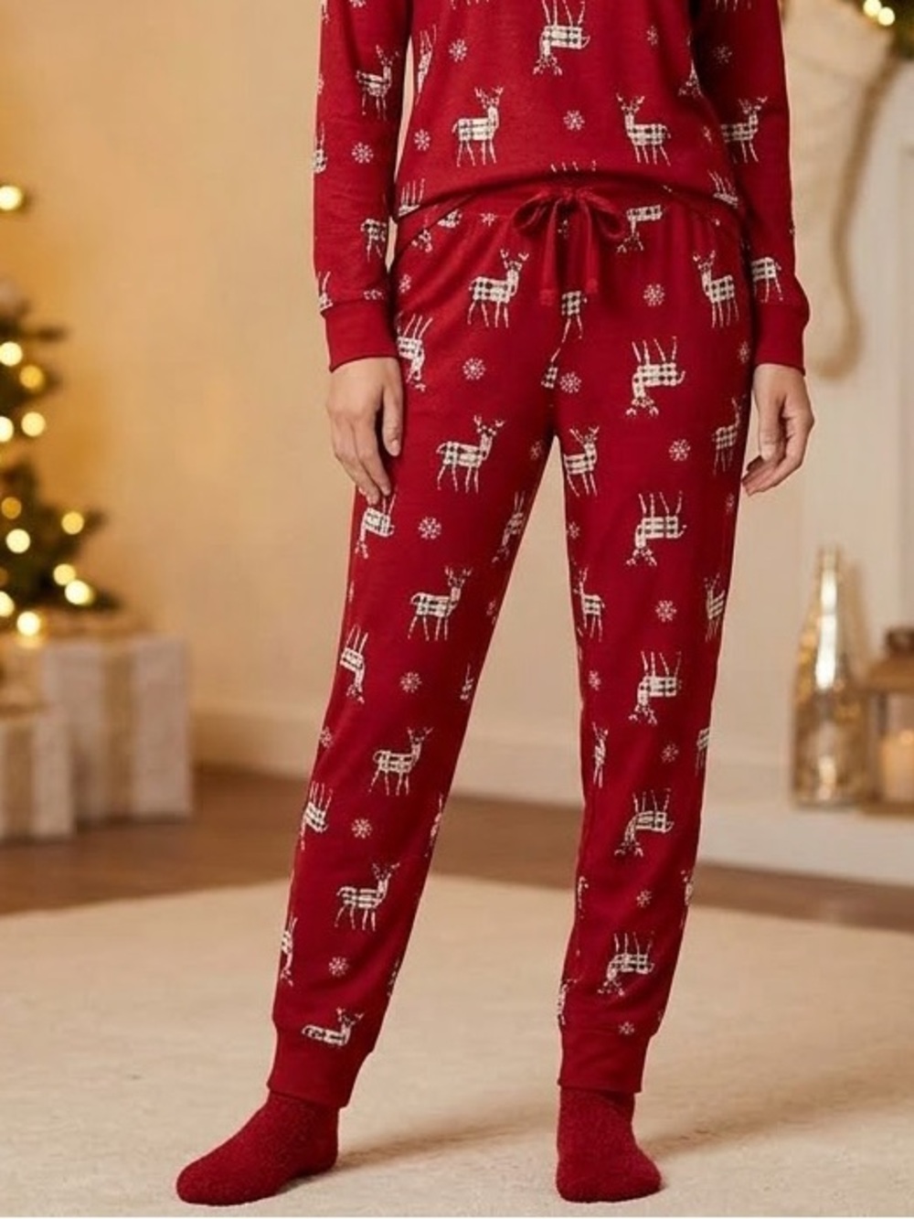 NWT Joyspun Red Holiday Reindeer Hacci Knit Pajama Pants Joggers, Size Small
